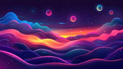 Poster - Abstract 2D cartoon illustration featuring illuminated neon wave patterns