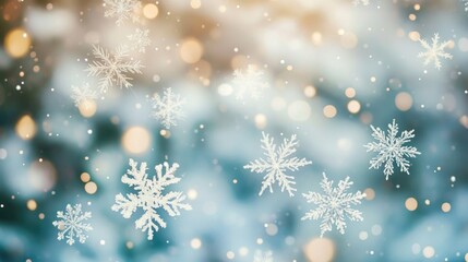 Wall Mural - Snowflakes gently falling against a serene winter backdrop creating a peaceful and tranquil atmosphere