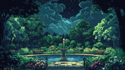 Poster - Illustration of a park set against a dramatic dark sky backdrop
