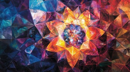 Poster - Fragmented crystal mandala design featuring vibrant abstract shapes Ruptured tessellated patterns create a colorful geometric ornament
