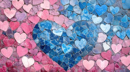 Poster - Mosaic map of love hearts in pink and blue hues featuring a heart shaped collage Abstract design ideal for romantic decoration