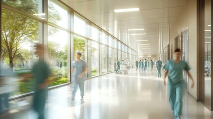 Wall Mural - A blurred perspective of a busy surgical corridor, showcasing healthcare staff in scrubs moving purposefully.