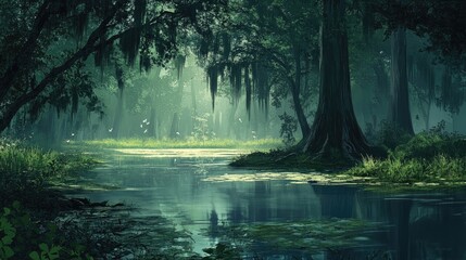 Poster - Serene illustration of a natural landscape featuring a tranquil swamp scene