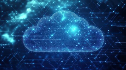Poster - A digital cloud symbol surrounded by glowing particles and connections, representing technology.