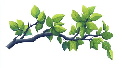 Poster - Cartoon illustration of a tree branch with vibrant green leaves set against a clean white background serving as a design element