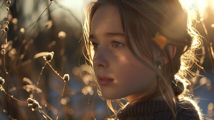 Wall Mural - A portrait of a girl looking thoughtfully into the distance, with soft sunlight highlighting her face and hair, giving a warm and gentle ambiance. 8k UHD, suitable for high-quality printing 