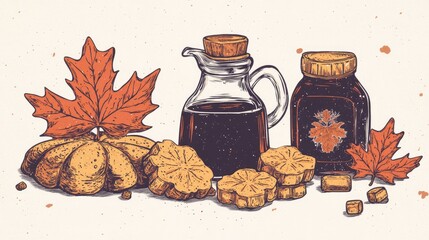 retro illustration of maple leaf shaped cookies maple sugar candies and syrup on a white background