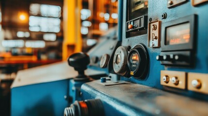 Poster - Close-up of industrial control panel with gauges and buttons in a factory setting.