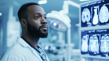 Poster - A medical professional analyzes patient x-rays in a high-tech environment, focusing on healthcare and diagnostic technology.