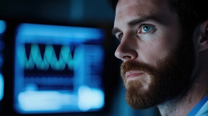 Poster - A focused man observes data on a screen, displaying a mix of concentration and professionalism in a tech-driven environment.