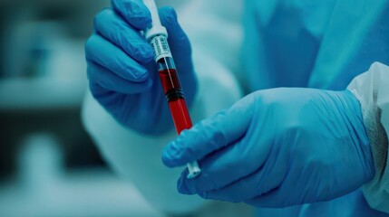 Poster - A person in blue gloves holds a syringe filled with red liquid in a laboratory setting, emphasizing themes of healthcare and scientific research.
