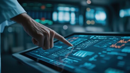 Poster - A hand interacts with a digital touchscreen displaying various graphs and data, indicative of advanced technology and analytics.