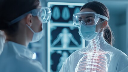 Poster - Two healthcare professionals observe a 3D holographic representation of the human skeletal system, emphasizing advanced medical technology and patient care.