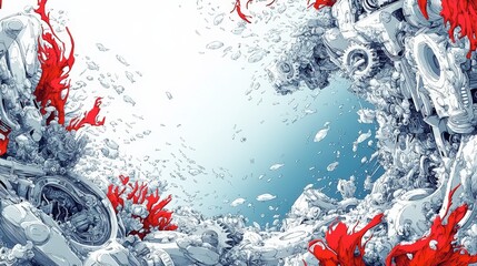 Poster - Surreal Digital Illustration Featuring Mechanical Elements and Abstract Red Flames Creating a Unique Underwater Environment with Imaginative Detailing