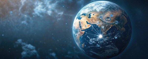 Aufkleber - Global network connections illuminated on Earth's surface with dark background.