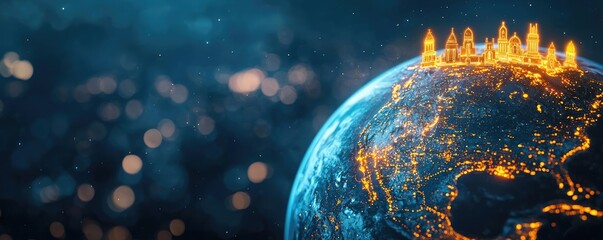 Poster - Illuminated globe with city skyline at night, glowing cities, dark background.
