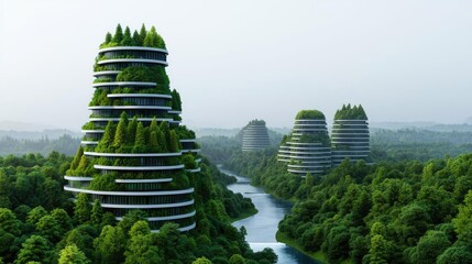 Poster - Futuristic green architecture surrounded by lush nature and flowing river.