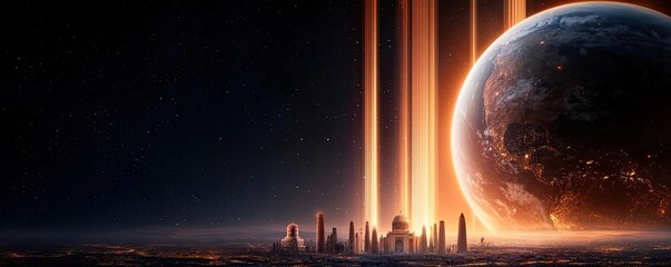 Aufkleber - Futuristic cityscape under a planet with vibrant orange beams in the night sky.
