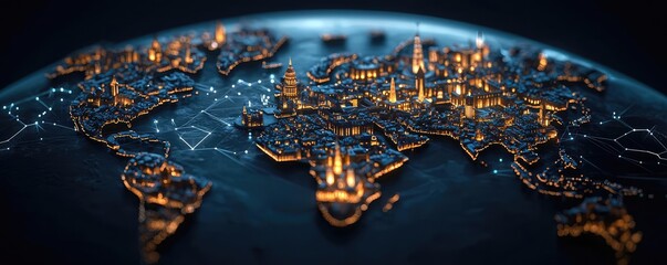 Poster - Illuminated globe map showcasing world cities with digital connections.