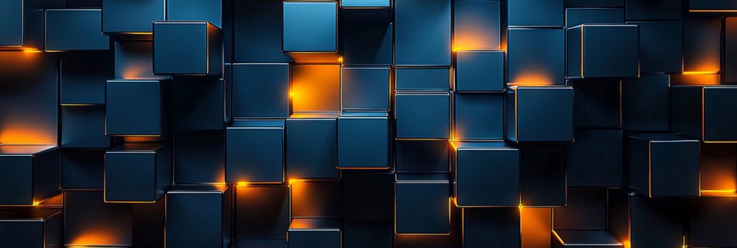 Abstract background with black cubes and orange light streaks. Dark blue and glowing metal block pattern, generative AI