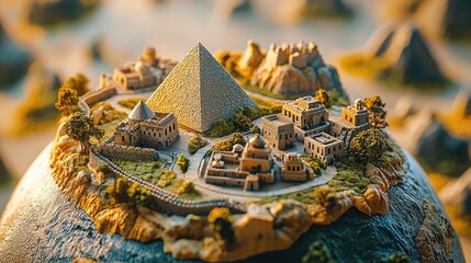 Poster - Miniature pyramid and ancient structures on globe, detailed landscape, vivid colors.