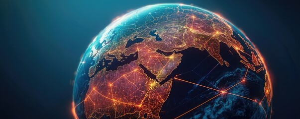 Poster - A digital globe with glowing network connections on a dark background.