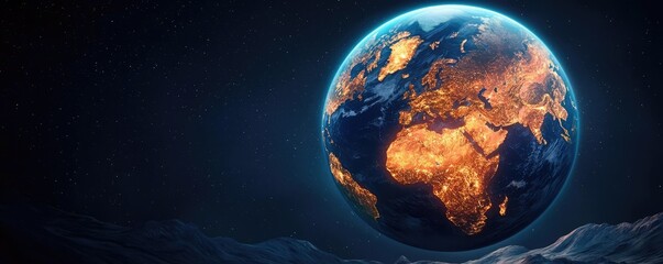 Poster - Vibrant view of Earth showcasing continents and glowing surface against dark background.