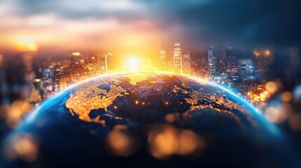 Poster - Aerial view of Earth illuminated by sunrise over city skyline.
