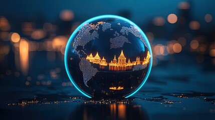 Poster - Glowing globe showcasing iconic landmarks against a blurred cityscape background.