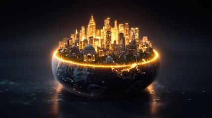 Poster - A vibrant cityscape emerging from a glowing globe, symbolizing global connectivity.