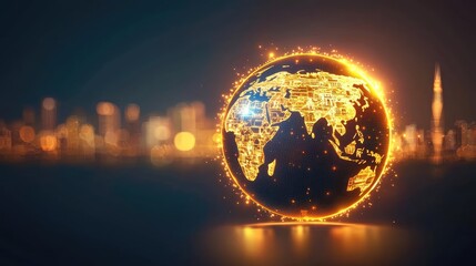 Poster - Glowing world globe with city skyline in the background, vibrant and digital representation.