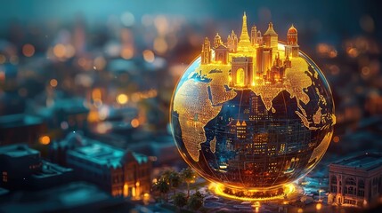 Poster - Illuminated globe showcasing iconic landmarks, beautiful night cityscape.