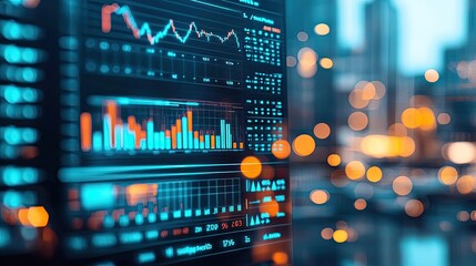 Poster - Data analysis dashboard with glowing graphs and blurred city lights background.