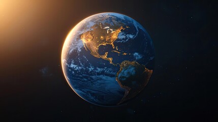 Poster - Earth viewed from space, illuminated by sunlight, showcasing continents and oceans.