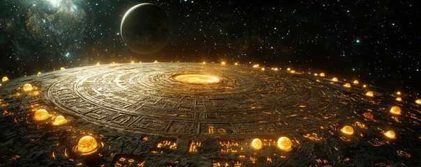 Aufkleber - Futuristic space station with glowing lights and celestial surroundings, cosmic view