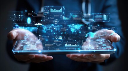 Poster - A person holding a futuristic tablet displaying holographic data and analytics.