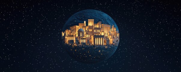 Poster - Vibrant city skyline glowing against a starry night sky, isolated against dark background.