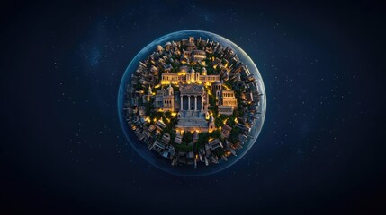 Poster - Aerial view of a miniature cityscape on a spherical landscape under starry night sky.