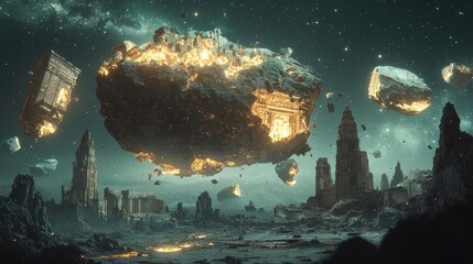 Poster - Surreal landscape with floating islands and ancient ruins against a starry sky.
