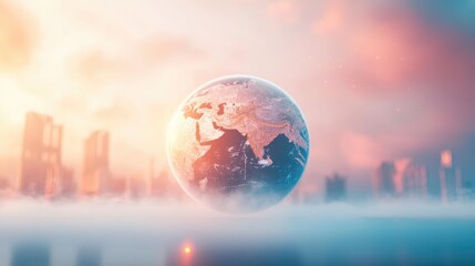 Poster - Globe floating above a futuristic city, soft colors and mist create a dreamy atmosphere.