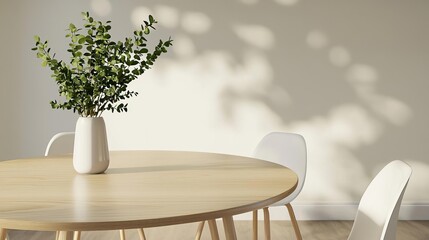 Wall Mural - Scandinavian dining area with round wood table, clean lines, sleek white chairs, soft natural light, fresh greenery in a vase, balanced and inviting composition