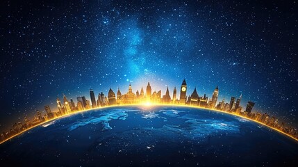 Poster - Stunning city skyline at dusk with vibrant lights against a starry sky.