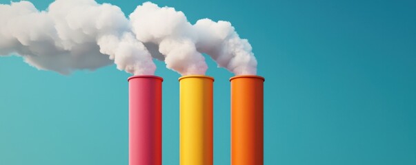 Wall Mural - Three colorful smokestacks emit white smoke against a blue sky, symbolizing industrial activity and environmental concerns.