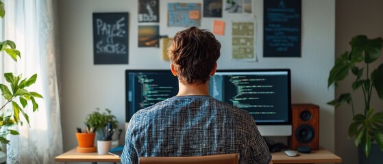 Poster - A person programming at a desk with multiple monitors and plants in a cozy workspace.