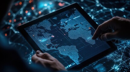 Poster - A person interacts with a digital map on a tablet, showcasing global information analysis.