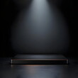 © W.O.W - Black low rectangular empty podium illuminated from above by spotlights. 3D computer graphic template of a place to display your products. Empty template. 3D