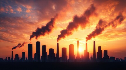 Wall Mural - A skyline at sunset with smoke billowing from buildings, highlighting urban pollution and environmental concerns.