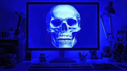 Poster - A glowing blue skull displayed on a computer monitor in a dark workspace.