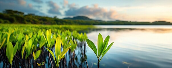 Poster - Lush green leaves growing near a serene lake under a colorful sky.