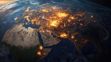 Poster - Aerial view of a luminous Earth showcasing vibrant cities and terrains.